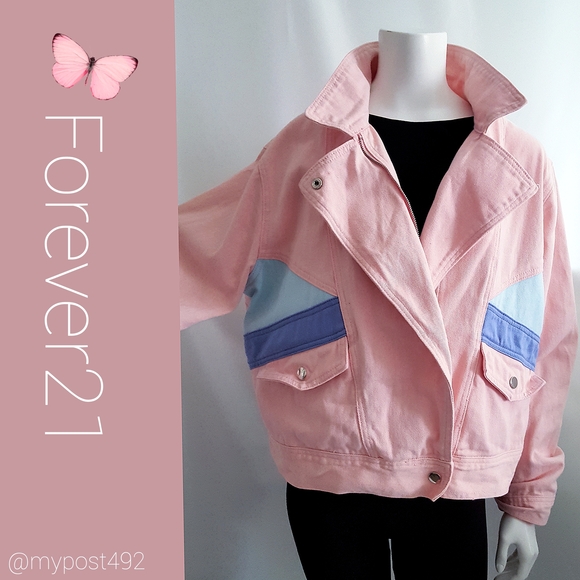 Forever 2+🎀Retro Pink Colorblock Big Pocket Denim Jacket - Picture 3 of 10